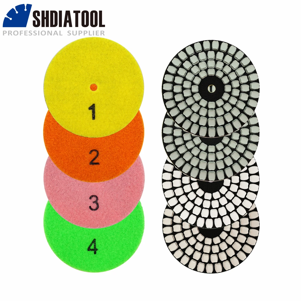 SHDIATOOL 100mm Diamond Polishing Pads Set Flexible Resin Grinding Discs Granite Marble Porcelain Tile 4-Step Abrasive Pads Dry