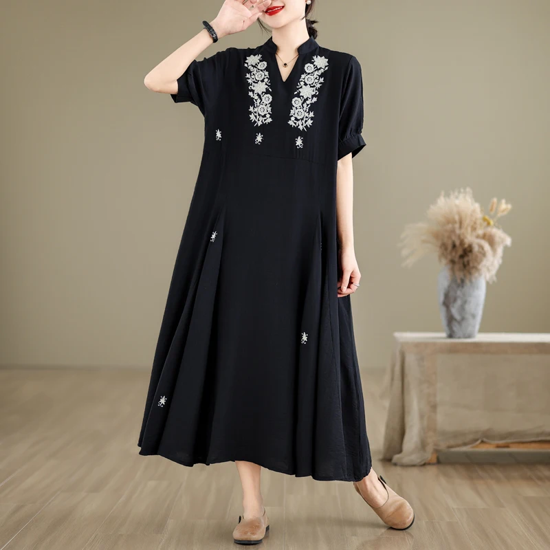 #3876 Black A-line Dress Embroidery Floral Split Joint  Asymmetrical Long Shirt Dress Women Short Sleeve Loose Cotton Summer2024