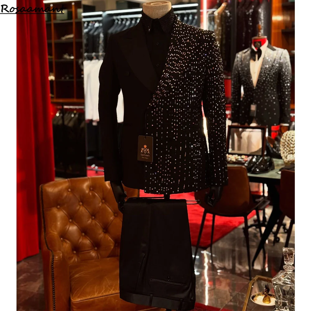 الفاخرة الرسمية الأسود الزفاف الرجال البدلة مجموعة سليم صالح رفقاء العريس سهرة الأبيض تصاميم جديدة لامعة شال التلبيب السترة السراويل 2 قطعة #1