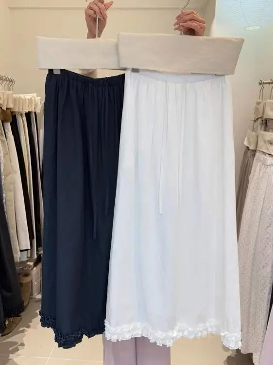 

Spring 2026 Women's High Waist A-Line Skirt Elastic Waist Lace Trim Splicing Slimming Long Skirt Fashionable Casual Skirt