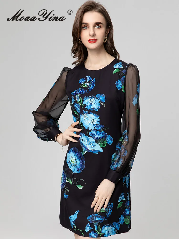 

MoaaYina Spring Fashion Runway Mini Dress Women's Lantern Sleeve Floral Print Beading Slim Black Short Dress