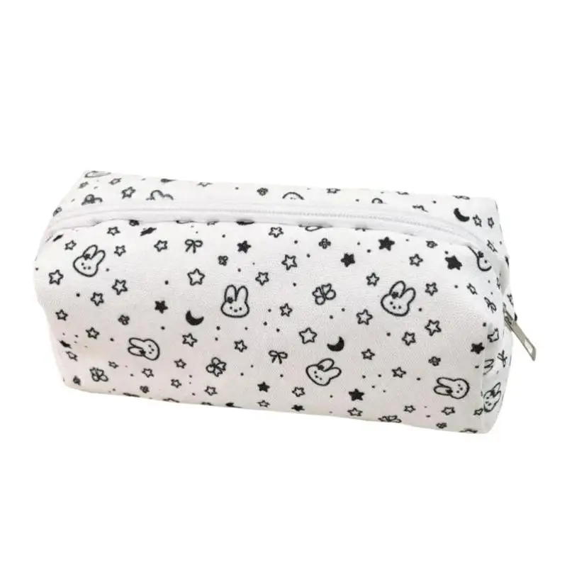 New Gifts Cartoon Bunny Pencil Case Star Moon Pattern Zipper Closure Pencil Pouch White Large Capacity Pen Pouch Office Supplies