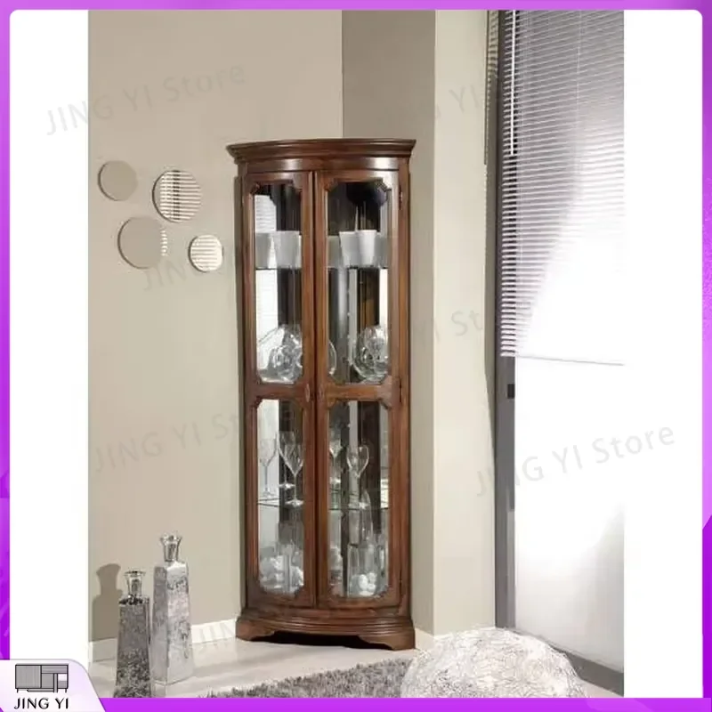 Luxury Antique Wine Cabinet with 2 Doors Expandable Corner Display Case 3 Glass Shelves Mirror Background for Wine Storage