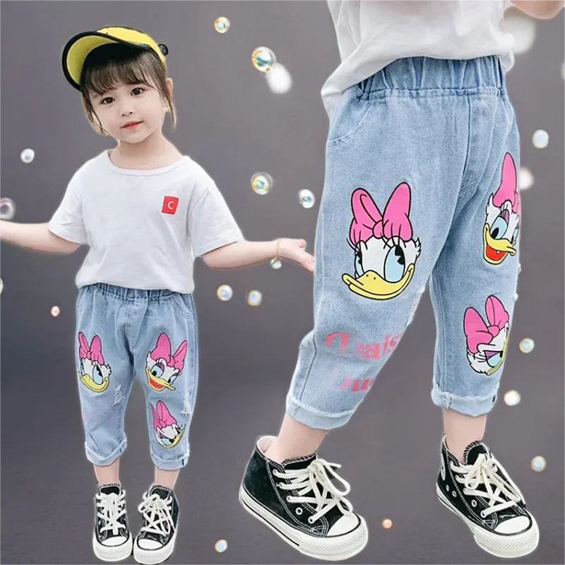 

Spring Summer Children Cartoon Daisy duck Jeans Thin Baby Girls Loose Denim Pants Kids Fashion Casual Trousers for 2-6 Years