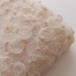 INS Beautiful Pink Beige Lace Pan Flower Sequin Embroidery Mesh Fabric Women's Dress Custom Fabric Designer Fabric By the meter