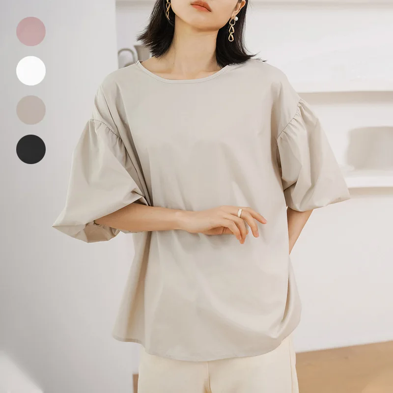 

Lotte, новый продукт, рубашка с круглым вырезом, женская японская и корейская летняя свободная хлопковая рубашка большого размера с рукавами-фонариками