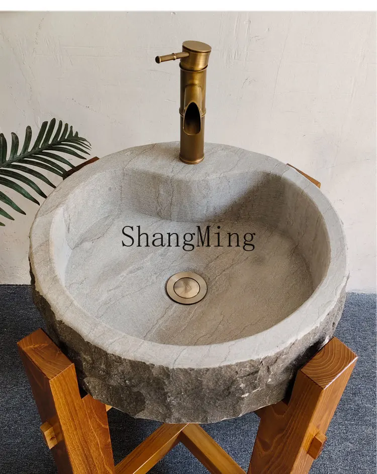 HJ outdoor elm frame wash basin natural stone wash basin courtyard retro pool integrated column old round groove