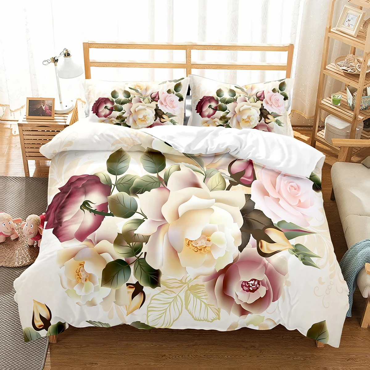 Rose Duvet Cover Romantic Flowers Bedding Set for Girls,Couple Wedding Valentines Day Room Decor Blossom Floral Comforter Cover