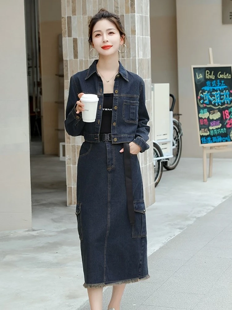 Autumn Vintage Denim Suits Fashion Long Sleeve Pocket Short Jean Coats+High Waist Back Split Skirts 2 Pieces Sets