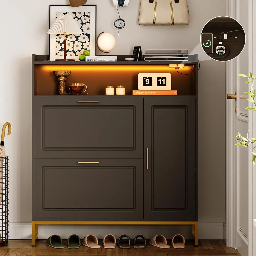 Narrow Entryway Shoe Storage Cabinet with 2 Drawers and Metal Legs for Freestanding Organization
