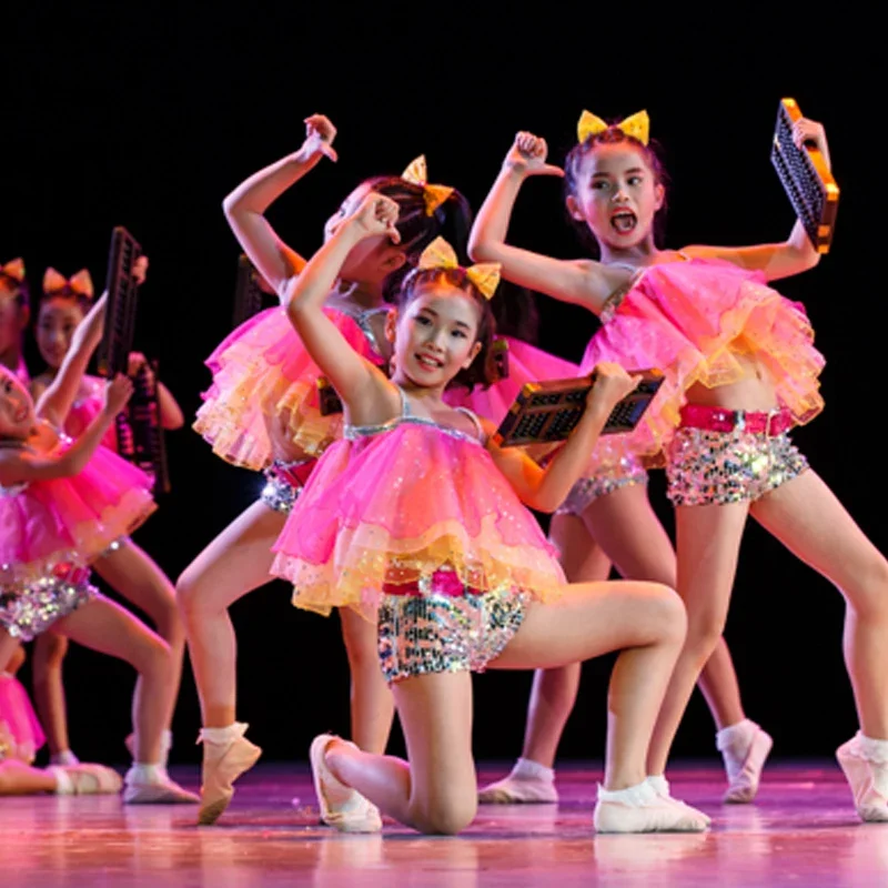 Fantasia infantil para meninas, traje moderno de dança, lantejoulas, roupa de hip hop para crianças, vestido de cheerleading