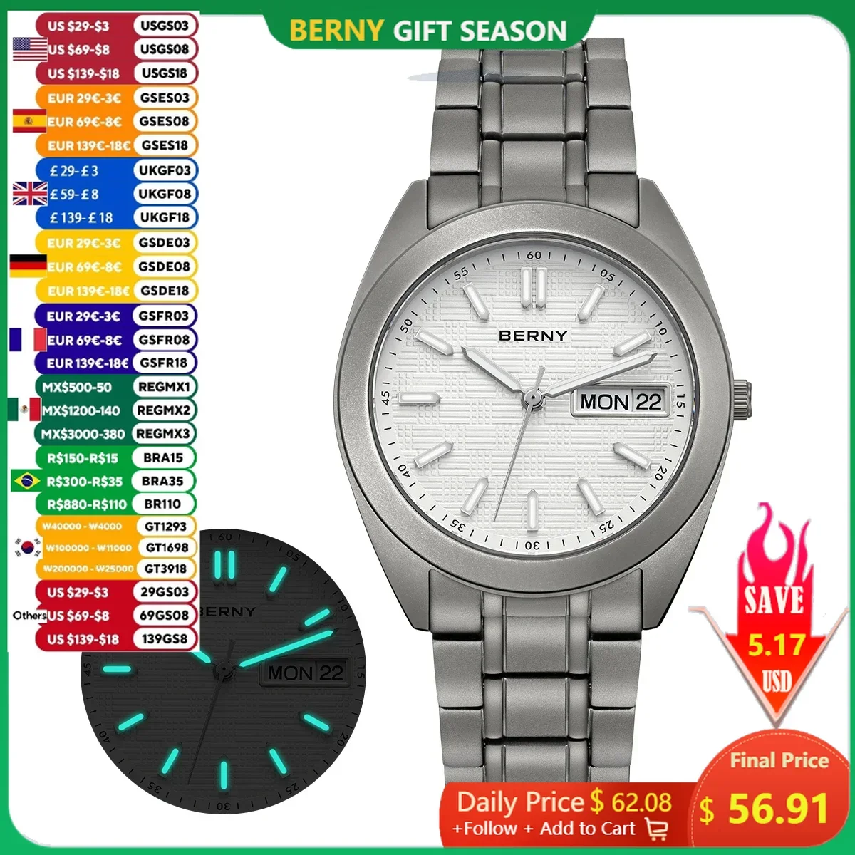 BERNY Full Titanium Men Watch Date Week Quartz Watches Calendar Sapphire Super Luminous 100M Waterproof Lightweight Wristwatch