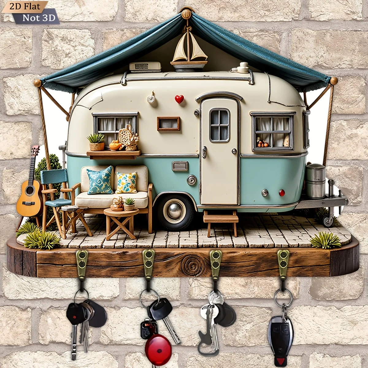 2D Flat, 1pc, Vintage RV - Shaped Wooden Multifunctional Home Key Hook Rack, with Four Metal Hooks, Wall Decor, Porch Decor,