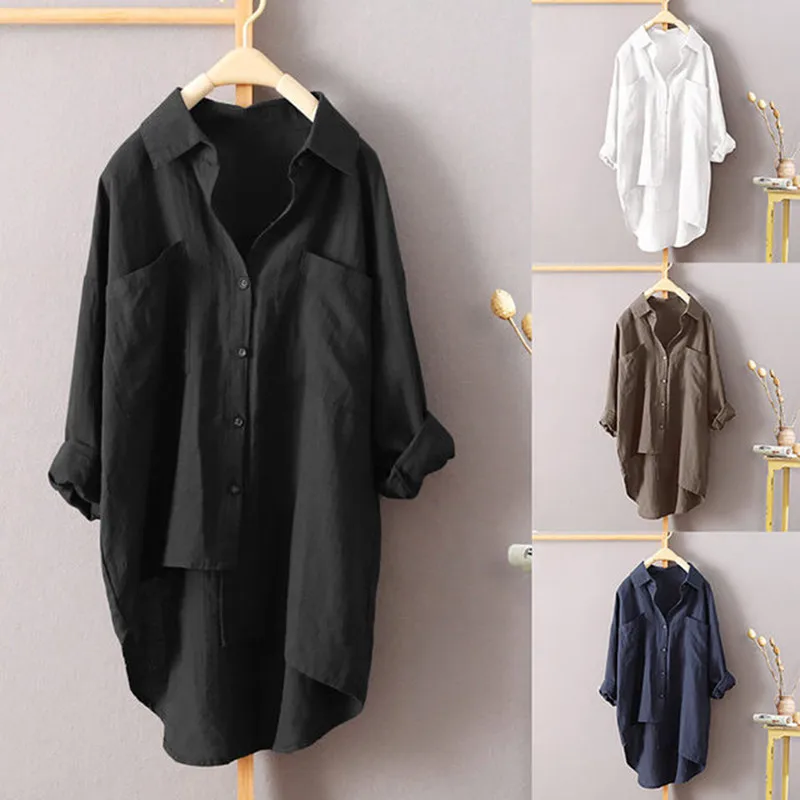 

S-3XL Button Up Shirts Women Oversized Summer Autumn Cotton Linen Blouses Fashion White Casual Loose Solid Rollable Sleeve Tops