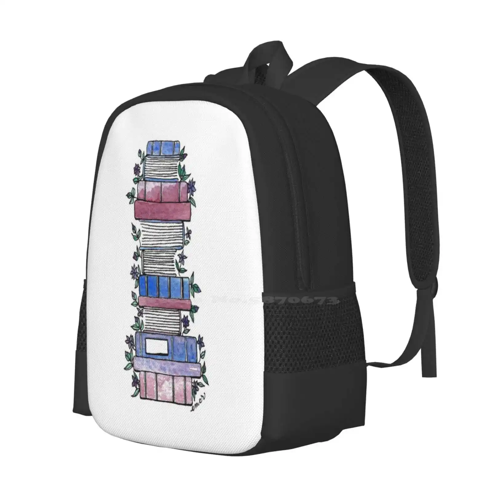 Flowery Books Fashion Pattern Design Travel Laptop School Backpack Bag Purple Pink Flowers Floral Reading Reader Bibliophile