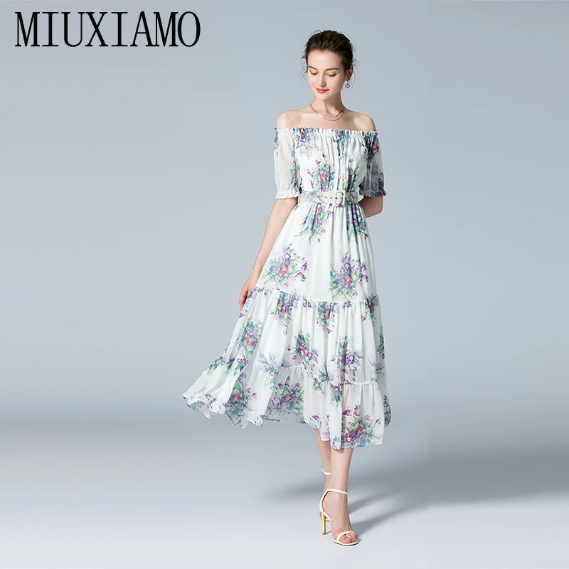 

MIUXIMAO 2022 High Quality Spring&Summer Elegant Dress Short Sleeve Slash Neck Print Belt Fashion Long Dress Women Vestides