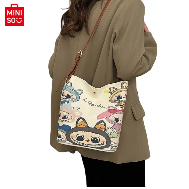 MINISO New Original Popular Anime Cartoon Cute Labubu Canvas Bag Commuting Shoulder Cross Fashion Bag Romantic Girl Holiday Gift