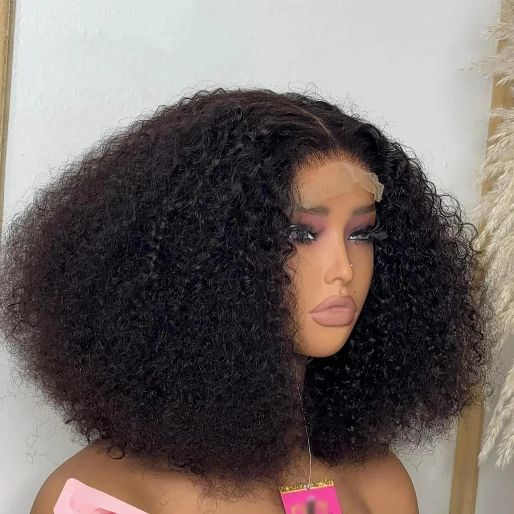Natural Black Short Bob Heat Resistant Preplucked Glueless 180 Density Kinky Curly Deep Lace Front Wig For Women BabyHair Daily