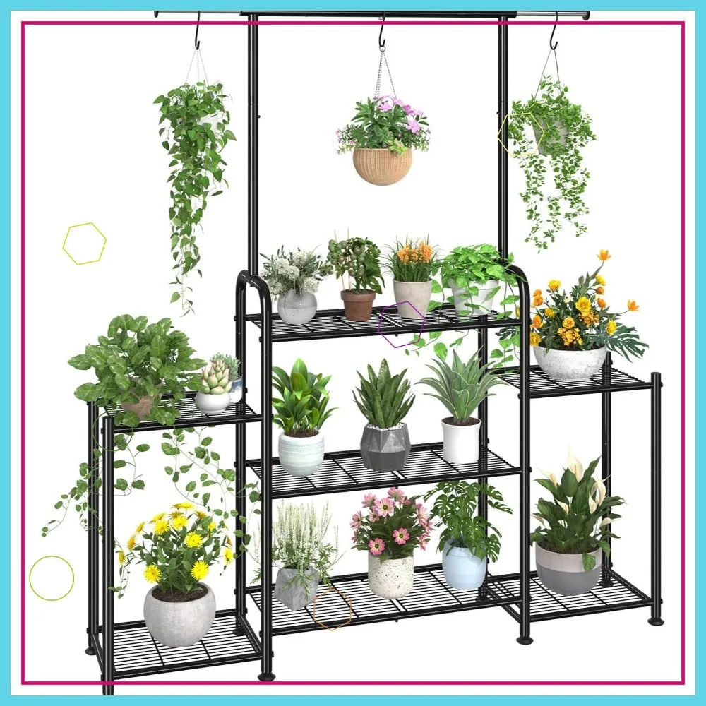 

3-Tier Metal Plant Stand for Indoor Outdoor Use, Tall Hanging Shelf for Multiple Flower Pots, Heavy Duty Ladder Holder in Black