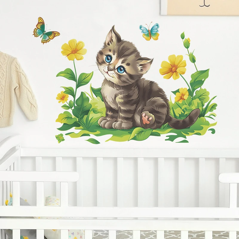 Cute Baby Cat Playing in the Flowers Butterfly Fluttering Vinyl Wall Baseboard Stickers for Living Room Bedroom Home Decoration