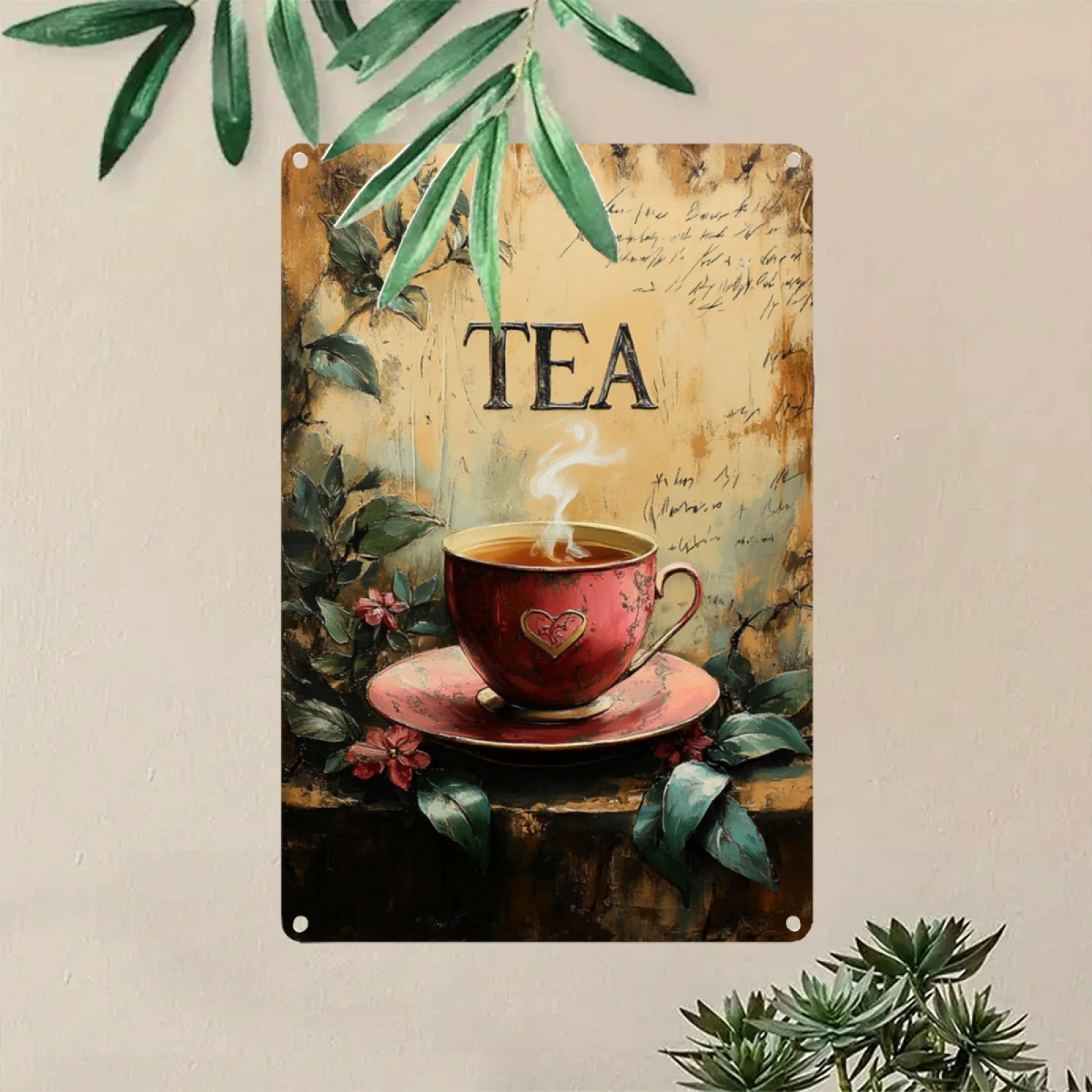 2D Flat 8x12 Vintage Tea Cup Metal  Sign Glossy  Wall Art for Home Bar Cafe Garden Indoor Outdoor Decor
