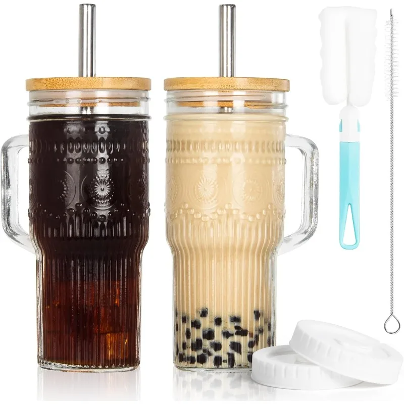 

Glass Cups with Bamboo Lids and Straws, 22oz Glass Tumbler with Handle, Stainless Steel Straws & Cleaning Brushes – Boho Pattern