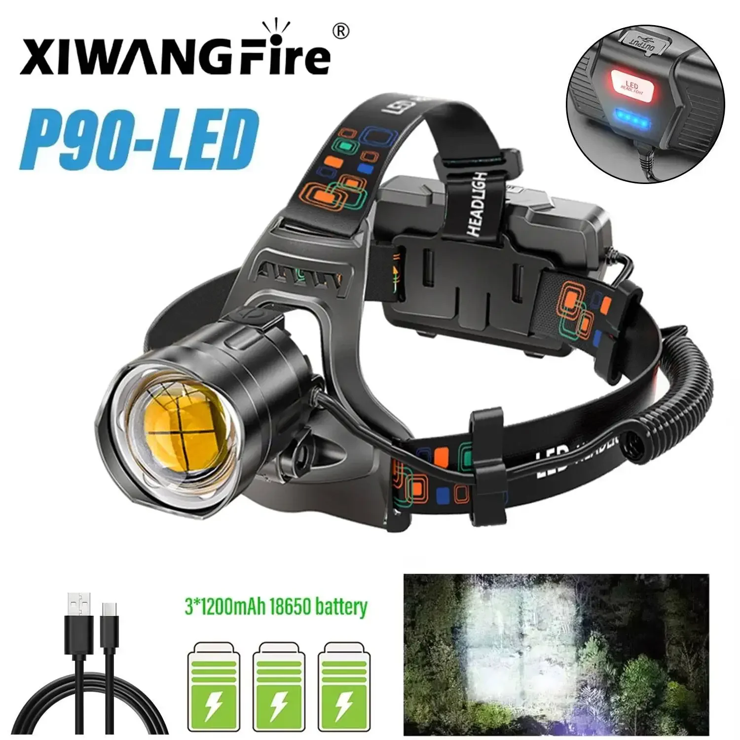 

XHP90 Super Bright LED Headlamp USB Rechargeable Headlight Led Head Torch With Power Display Fishing Camping Lantern Flashlight