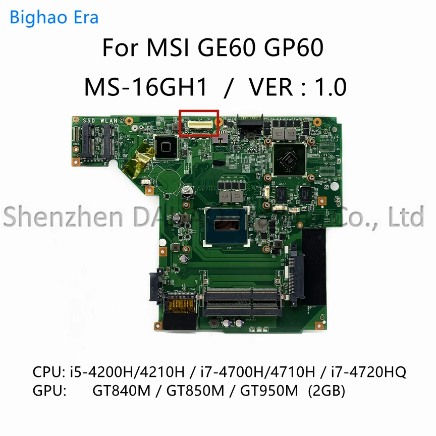 

MS-16GH1 For MSI GE60 GP60 MS-16GH Laptop Motherboard With i5 i7-4720HQ CPU GT840M GT850M GT950M 2GB Video Card MS-16GH1 VER:1.0