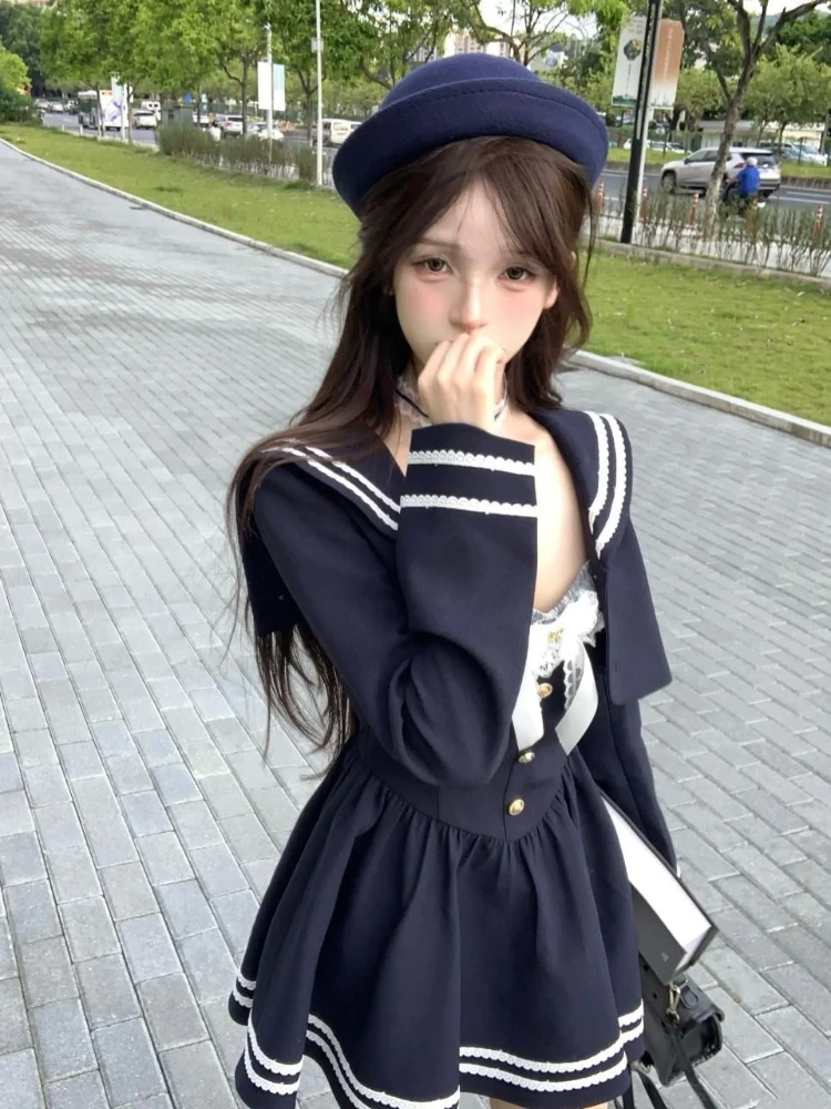 Japoński styl preppy Jk 2-częściowy zestaw damski Kawaii koronkowa kokarda sukienka na ramiączkach spaghetti krótka sukienka i krótki płaszcz damski koreańskie stroje Lolita