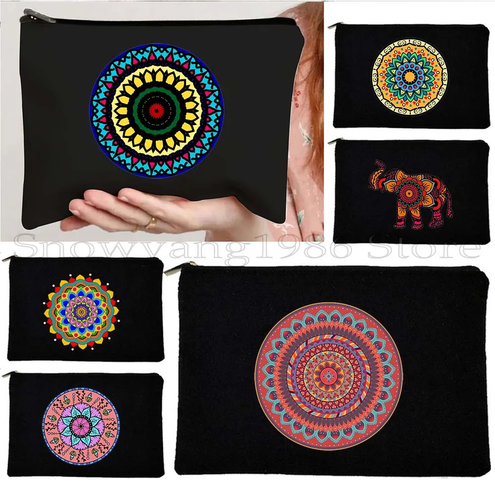 Indian Rainbow Elephant Mandala Floral Spiritual Lotus Mantra Hindu Meditation Gift Canvas Cosmetic Bag Makeup Pouch Pencil Case
