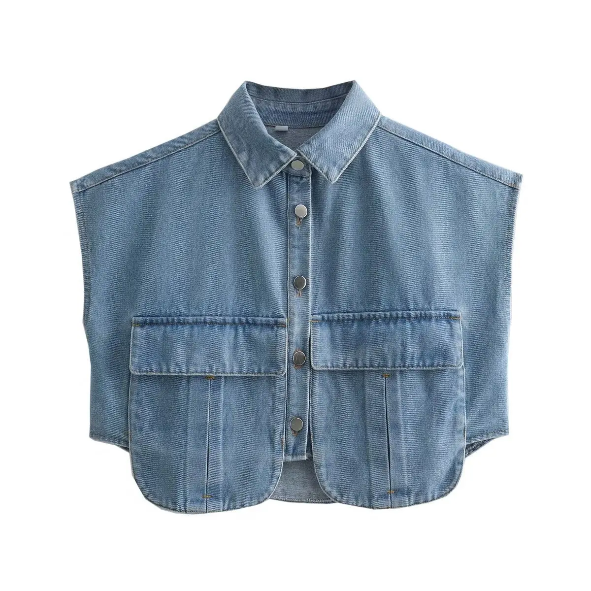 2025 New Women's Solid Color Sleeveless Large Pockets Elegant Polo Collar Denim Cardigan Shirt Casual Fashion Trendy Top