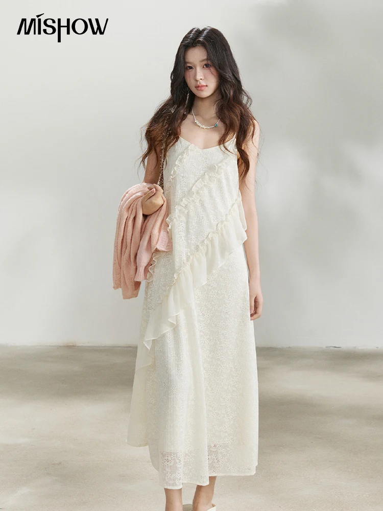 MISHOW Women's Cream Irregular Lace Slip Dress 2026 Spring V-Neck Ruffled Maxi Dresses Casual A-line Romantic Dress MXF108L1005