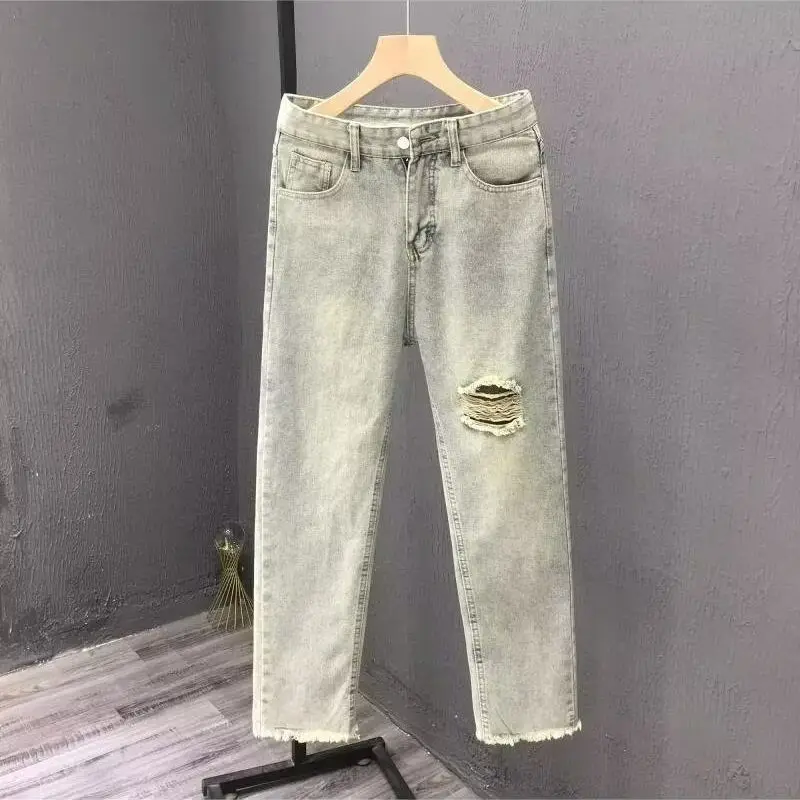 Trendy Brand Ripped Hole Jeans Rough Edge Pants Straight Cut Summer Designer Retro Washed Pants Men's Korean Popular Clothes