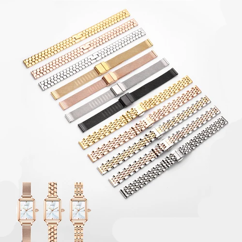 Correa de reloj de malla con hebilla de acero inoxidable para mujer, pulsera de acero ultrafina, cadena de ancho de tamaño pequeño, 6mm, 8mm, 10mm, 12mm, 14mm y 16mm