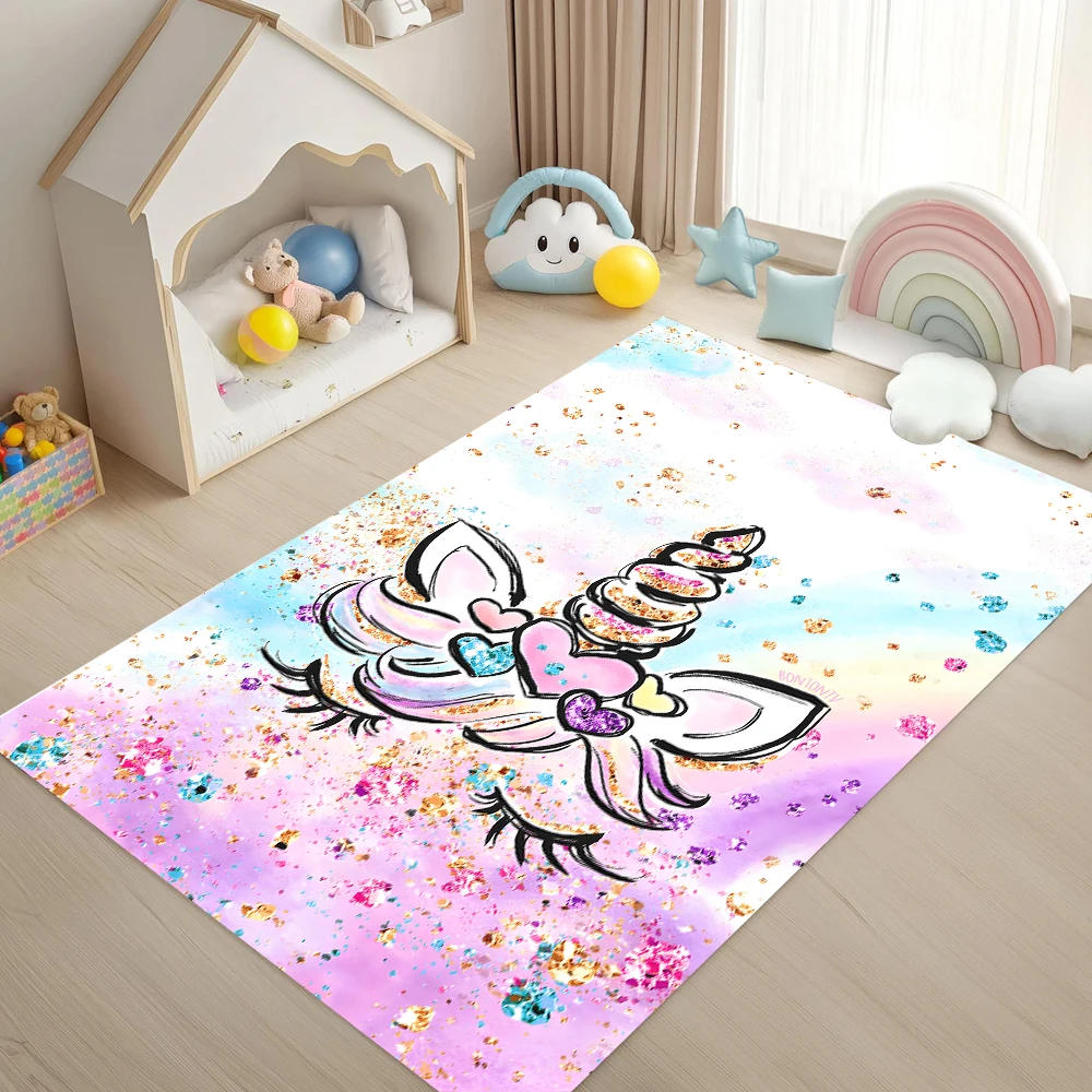 Rainbow Unicorn Fantasy Area Rug Pastel Butterfly Carpet Non-Slip Play Mat for Nursery Playroom Girls Bedroom Home Decoration
