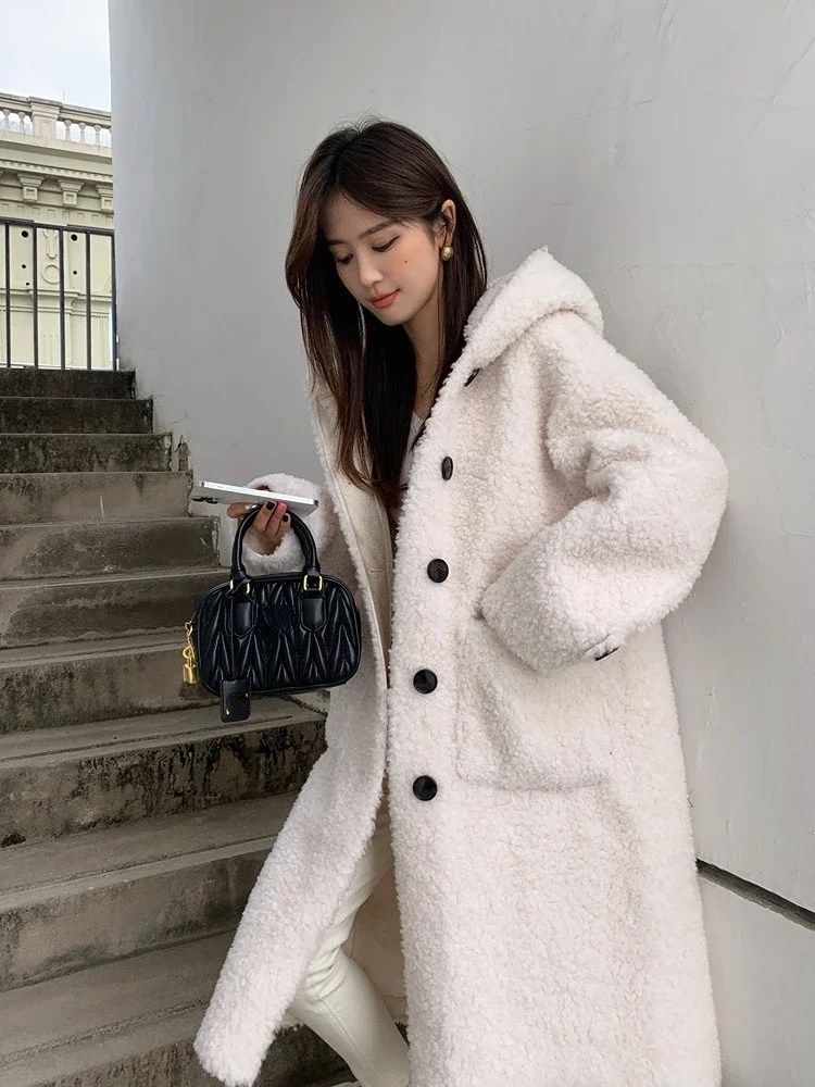 AYUNSUE 100% Sheep Shearing Jacket Women Elegant Winter Wool Jackets Fur Coat Hooded Long Coats Korean Fashion Abrigos SGG1297