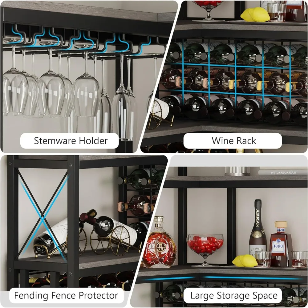 Canto Wine Rack Cabinet, L-Shaped Bar Cabinet, Industrial Independente, Household Cozinha de madeira, cinza, 5 andares