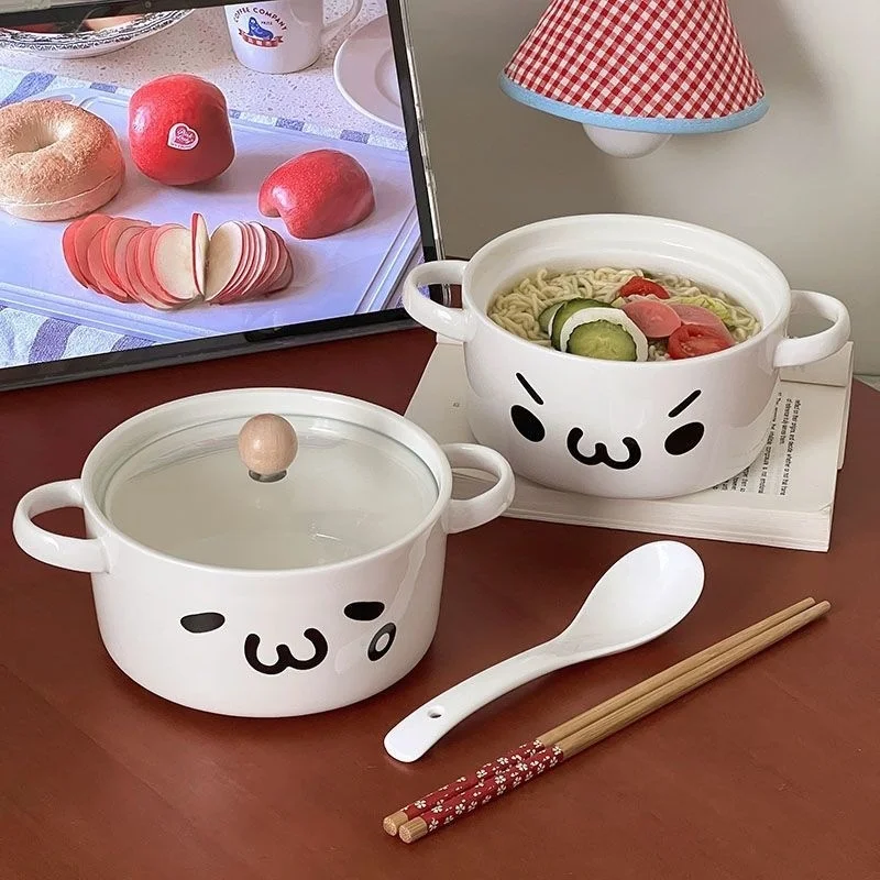Cute Ceramic Noodle Bowl, With Lid Double Ear Soup, Bowl Kaomoji Face Ramen Pot, Student Dormitory Kitchen Tableware Gift