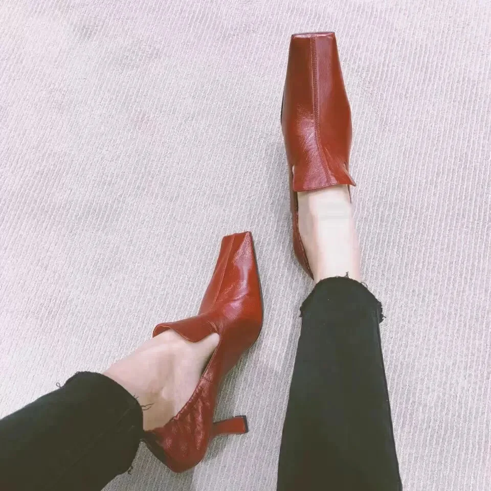 French Retro Single Shoes Women's Early Spring New Style Temperament Square Head Cat Heel Comfortable High Heels