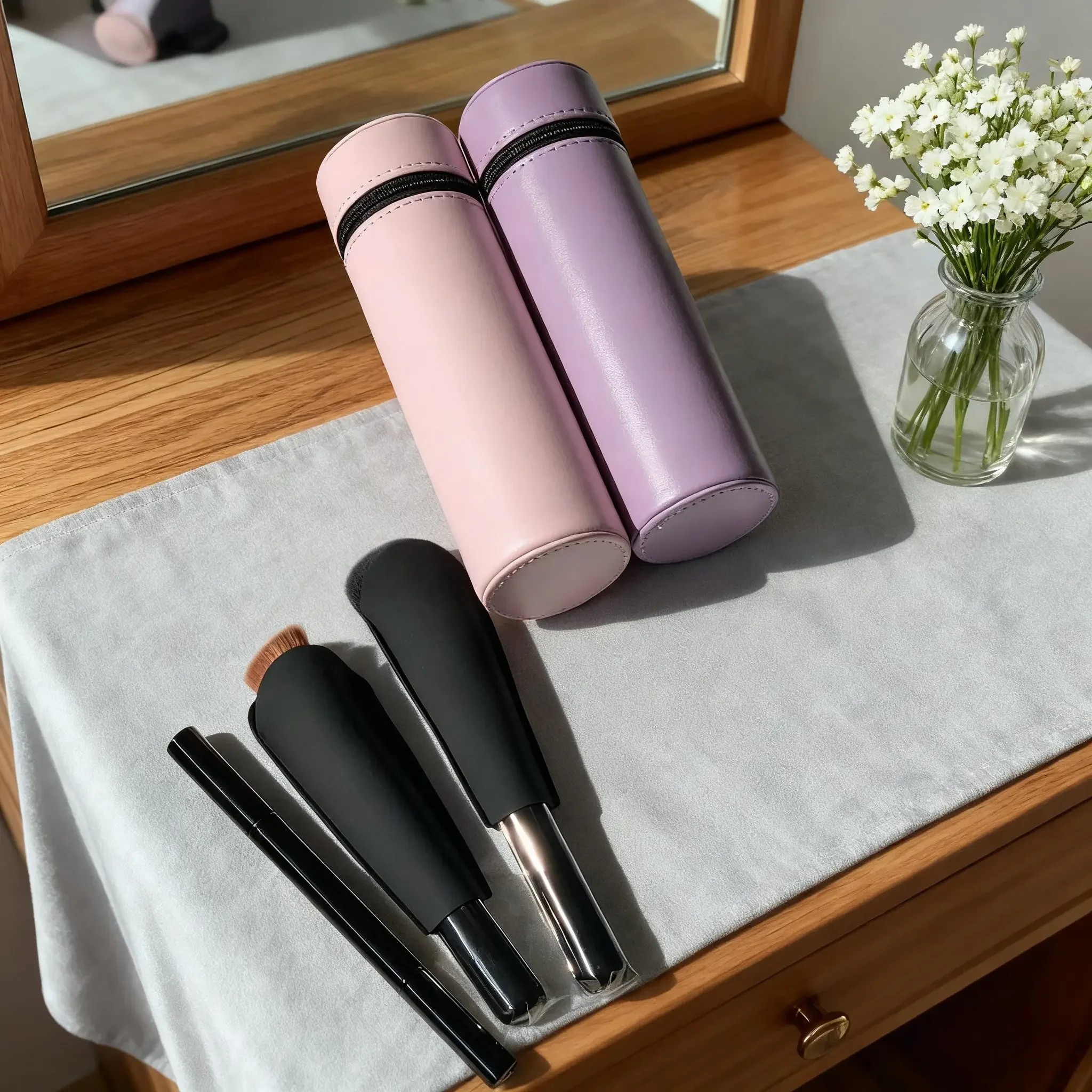 Conjunto de pincéis de maquiagem de luxo edição limitada bolsa de viagem de pele de bezerro pincel de blush pincel de base de dupla utilização pincel de sombra de cabeça dupla