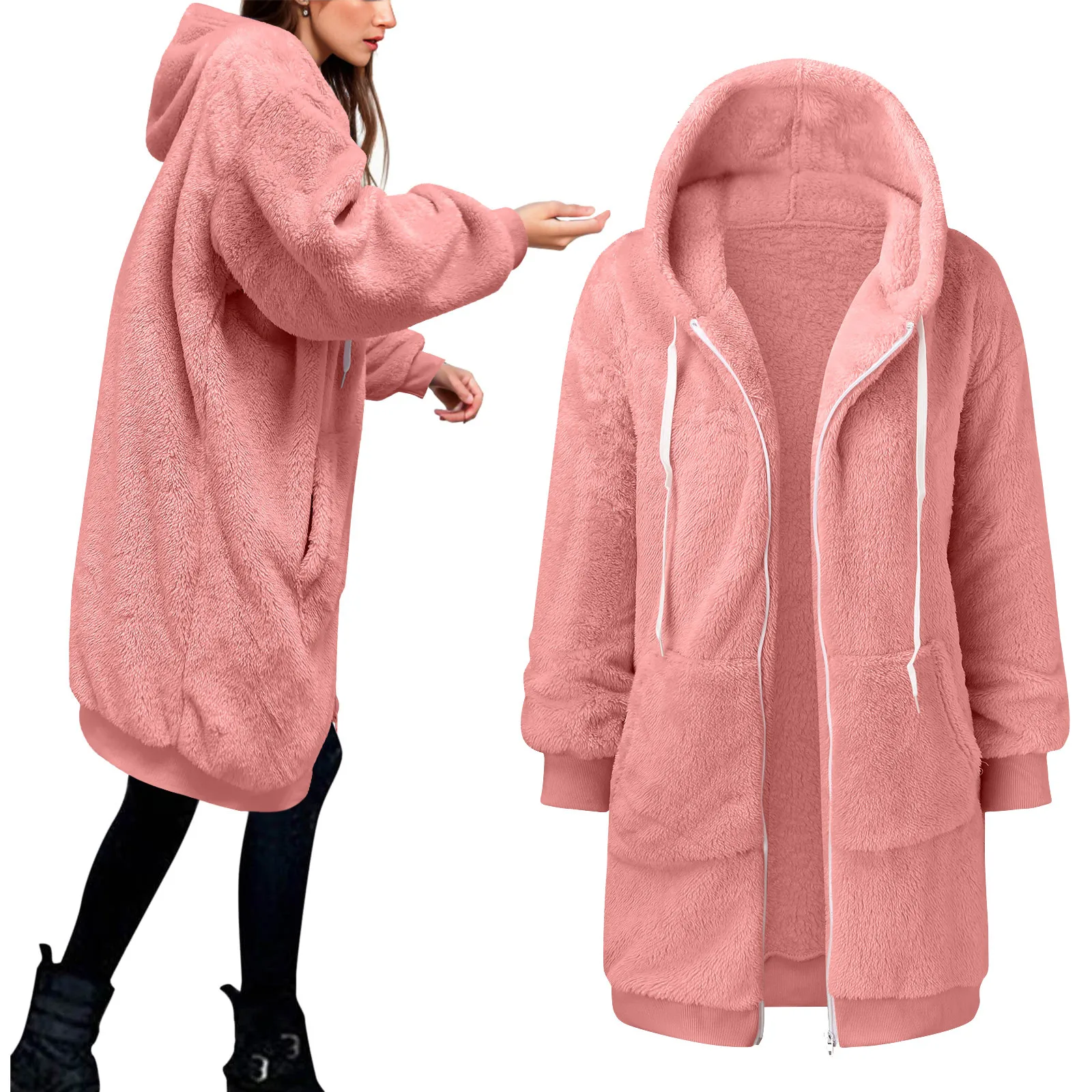 Casual Plush Sweatshirt Jacket Women's Zipper Hooded Lamb Wool Jacket Oversized Loose Fit Fleece Jackets Drawstring Coats 5xl