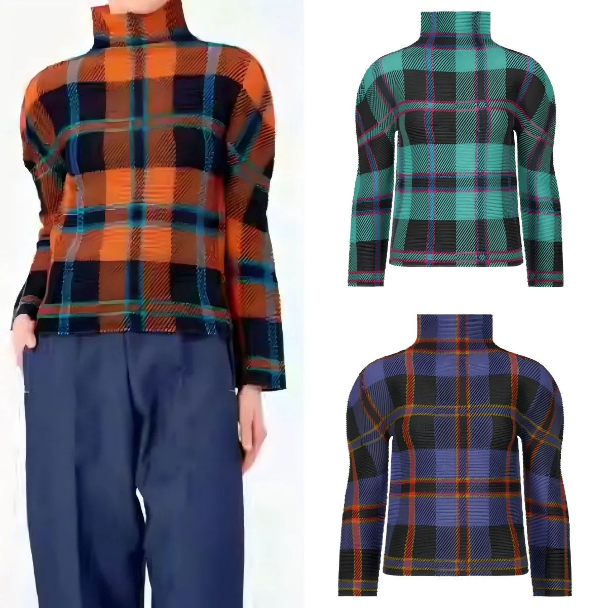 

Miyake Pleated New Spring and Autumn Plaid Magic Clothes Small High Neck Blouse Female Long-sleeved Pullover Bottoming T-shirt