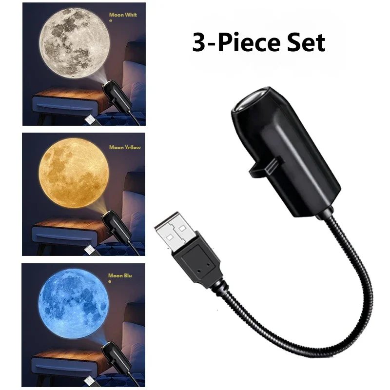 3-Color Moon Atmosphere Light, LED Starry Sky Projector, USB Powered Projection Lamp for Room Decor