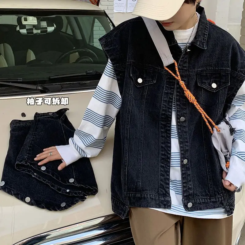 Jean destacável jaqueta de manga longa oversized harajuku denim roupas masculinas moda coreano topos primavera outono feminino