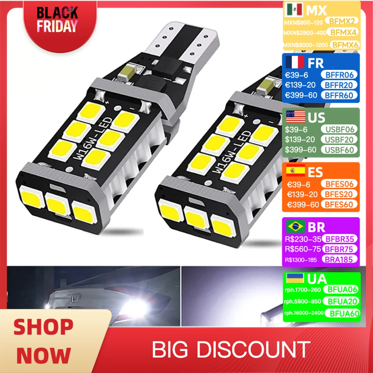 

Direal 2PCS T15 W16W LED Bulb Canbus Super Bright 6500K White 2835 SMD 921 912 T16 902 LED Lights For Car Back Reversing Light