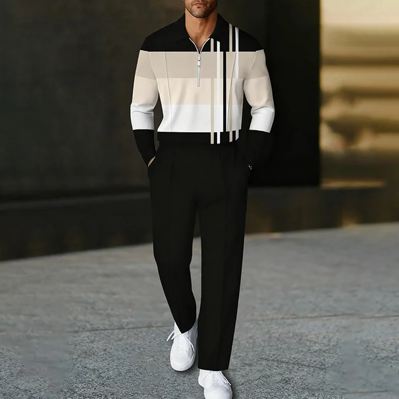 

2025 A/W New Men's Lapel Half-Zip Long-Sleeve Color-Block Casual Sportswear Set, Fit for Business, Meetings, Outdoor Leisure