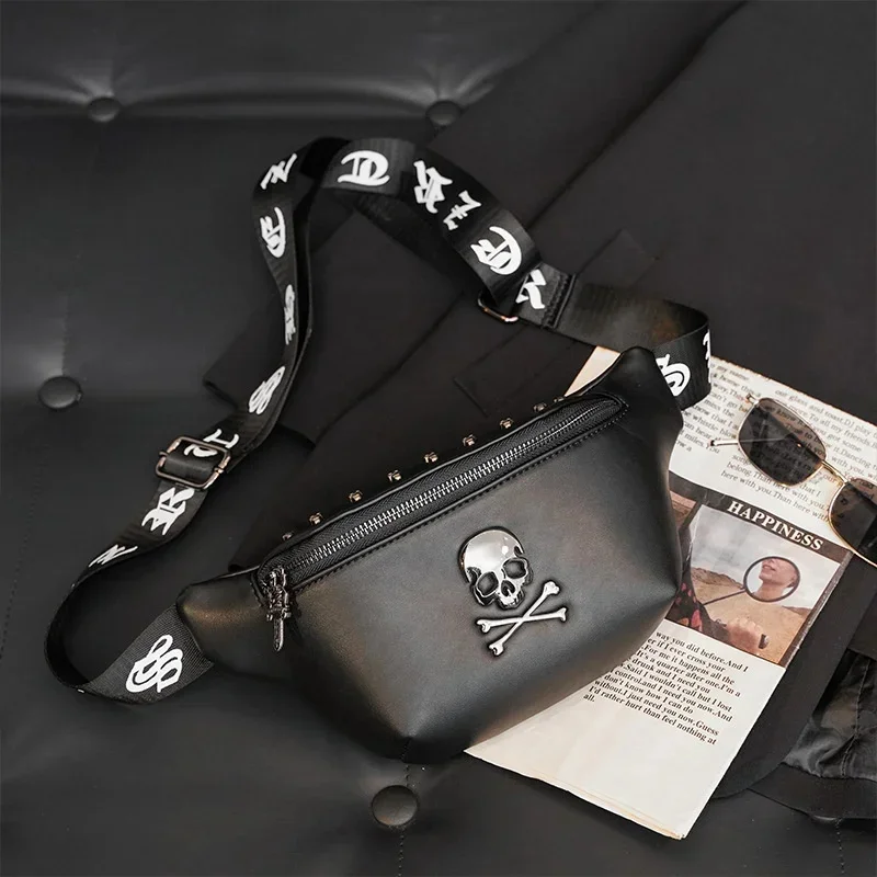 Fashion skull men's chest bag trendy leather male shoulder messenger outdoor crossbody