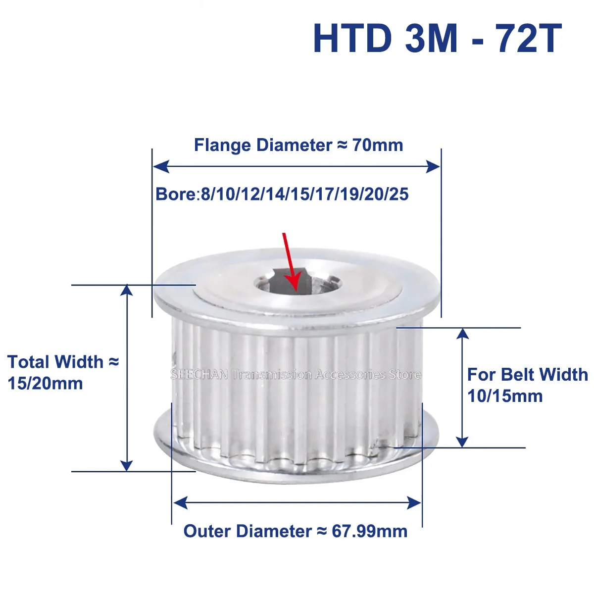 

72 Teeth HTD 3M Synchronous Pulley Bore 5/6/8/10/12/14/15~25mm for Width 10mm 15mm HTD3M Timing Belt HTD3M Pulley Wheel 72Tooth