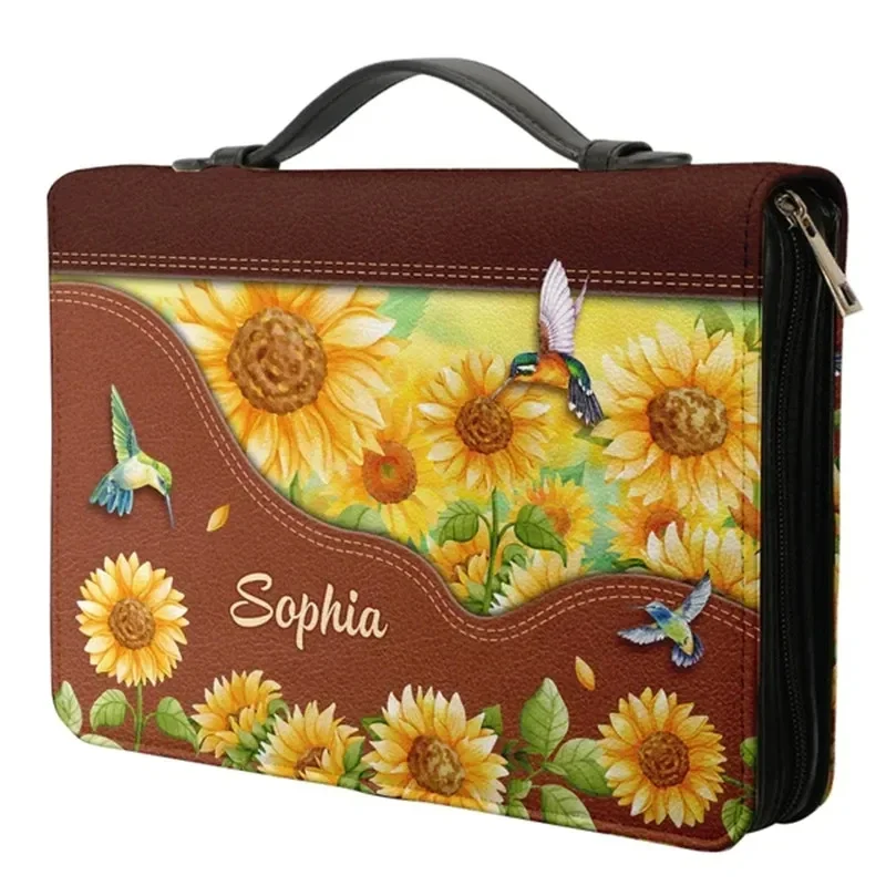 Sunflower Hummingbird Design Zippered Handle HandbagPortable Study Book Holy Storage Boxes Bible Hymn Print PU Bible Storage Bag