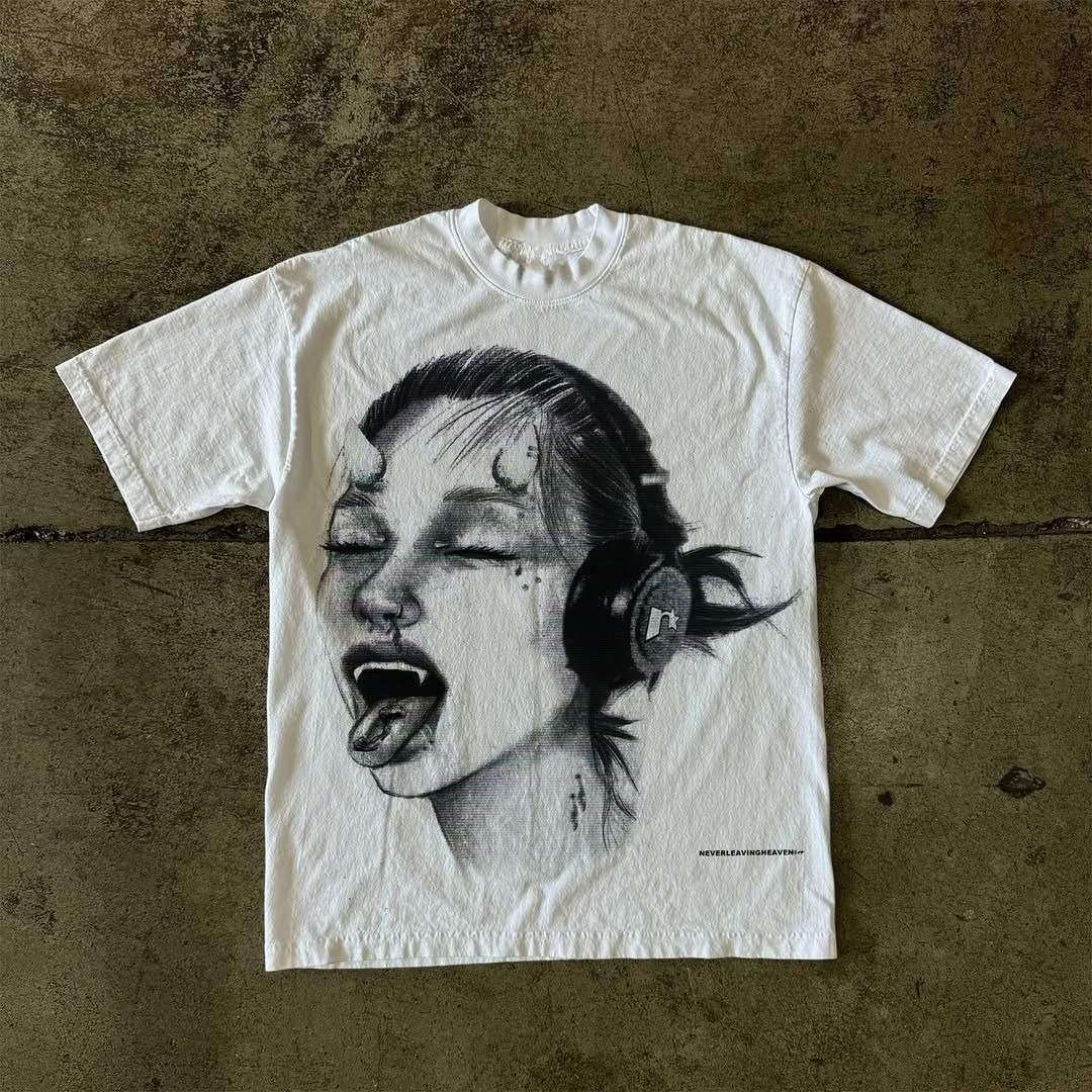 Summer European and American Y2K Print Short-sleeved Round-neck T-shirt, Unique Dark Retro Loose T-shirt